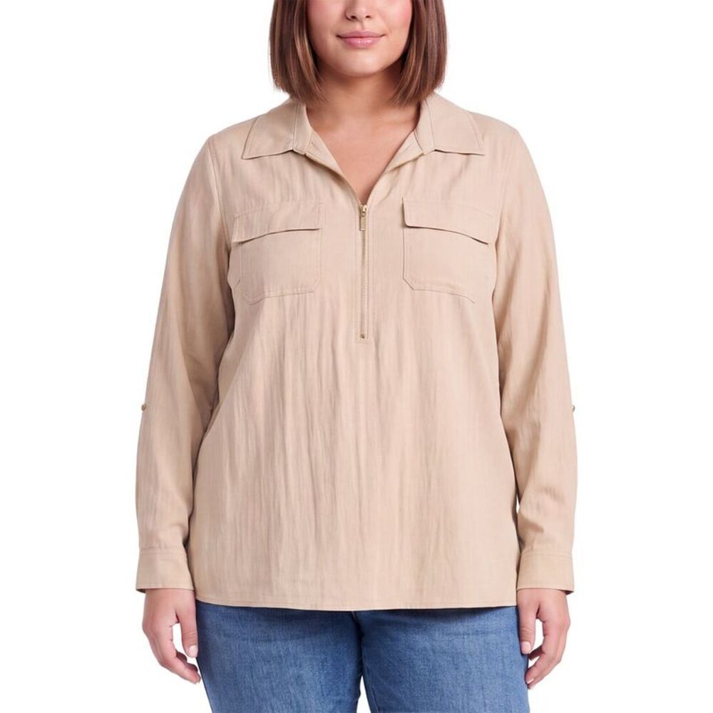 Anne Klein Womens Plus Half Zip Collar Shirt, Brown